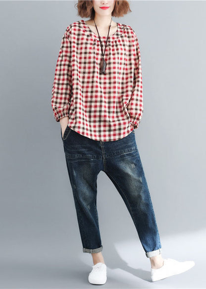Red O-neck Plaid Cotton Loose Tops Spring