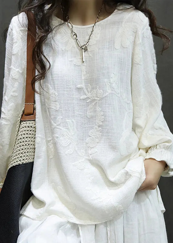 Red O Neck Embroidered Linen Shirt Tops Lantern Sleeve