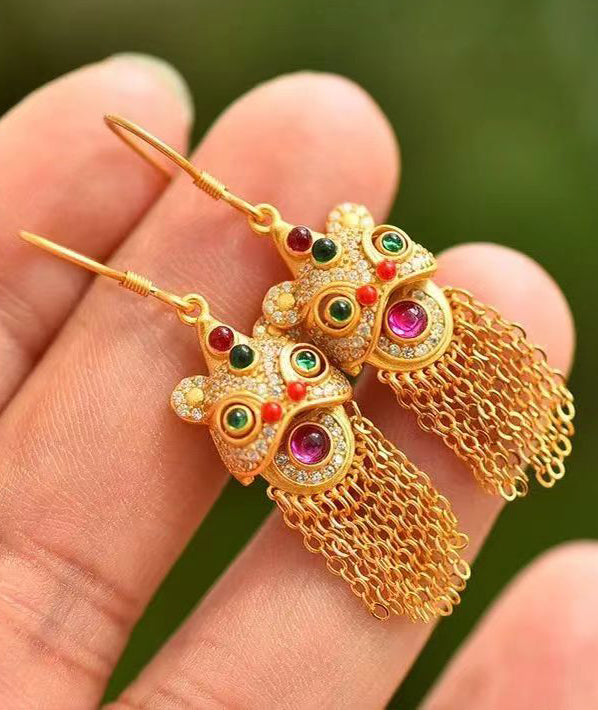 Gold Gem Stone Tassel Silver Drop Earrings