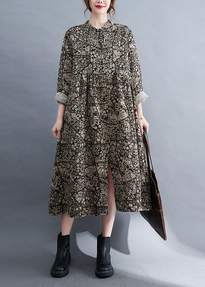 Stand Collar Button Print Patchwork Fall Maxi Dresses Long Sleeve