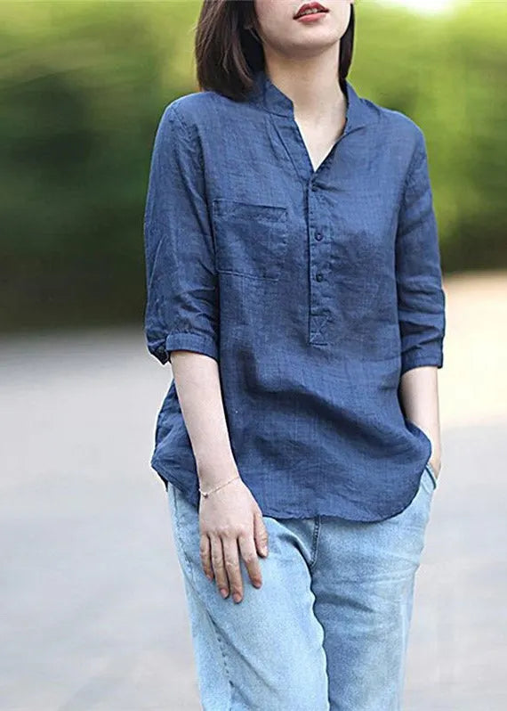 Navy Pockets Linen Shirt Top Stand Collar Button Half Sleeve