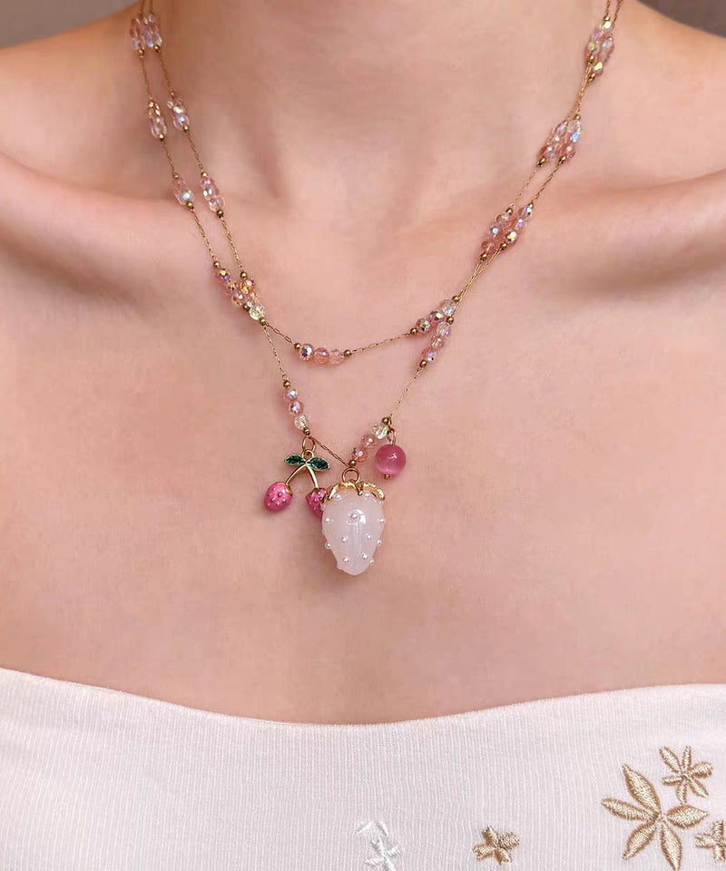 Gold Sterling Silver Overgild Cherry Jade Pendant Necklace Two-piece Set
