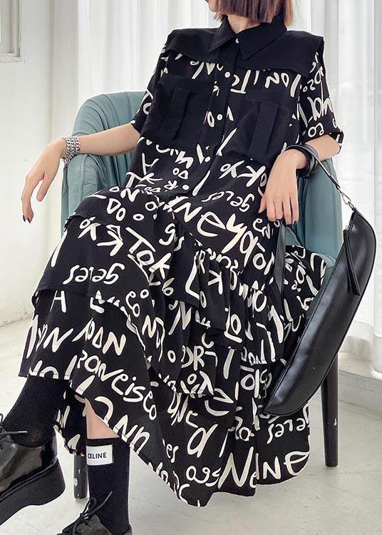 Black Print Patchwork Peter Pan Collar Robe Dresses Summer