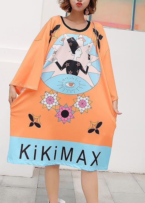 French Orange Graphic Cotton Loose Summer Long Dress