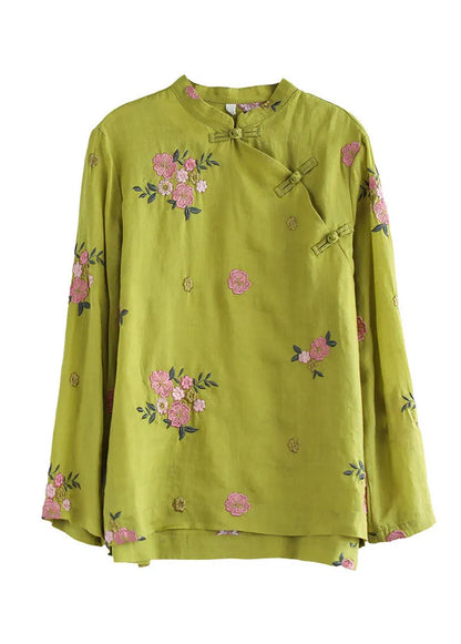 Fitted Yellow Mandarin Collar Embroideried Linen Blouse Top Long Sleeve