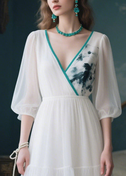 White V Neck Patchwork Tulle Maxi Dress Summer