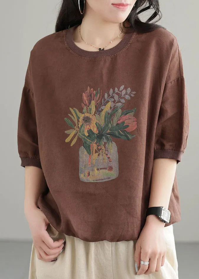 Chocolate O-neck Oversized Print Linen Tanks Short Sleeve
