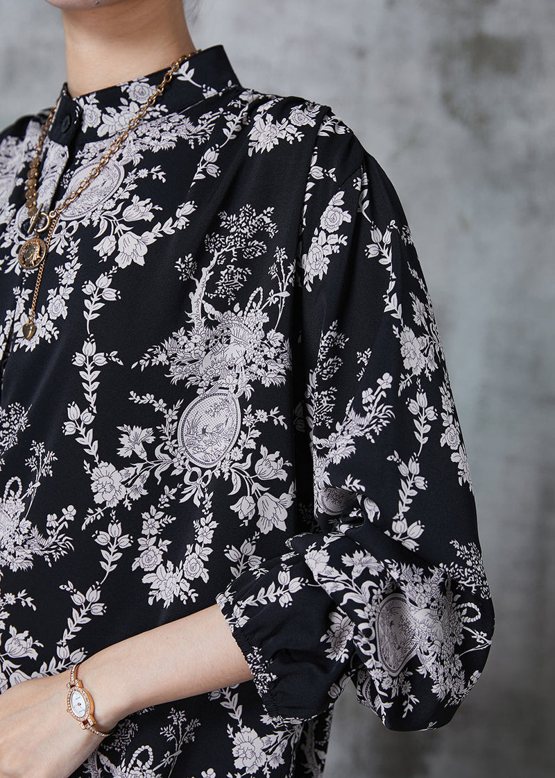 Black Stand Collar Print Chiffon Shirts Summer