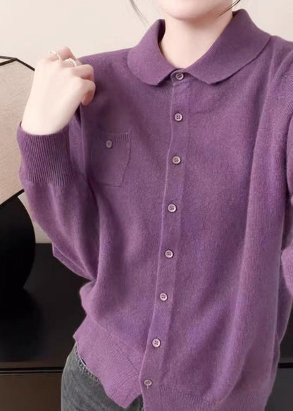 Handmade White Peter Pan Collar Pockets Cotton Knitted Cardigans Fall