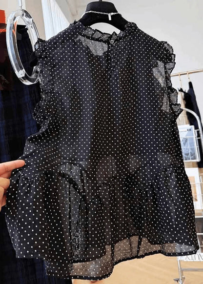 French Black Ruffled Dot Print Cotton Shirt Top Summer