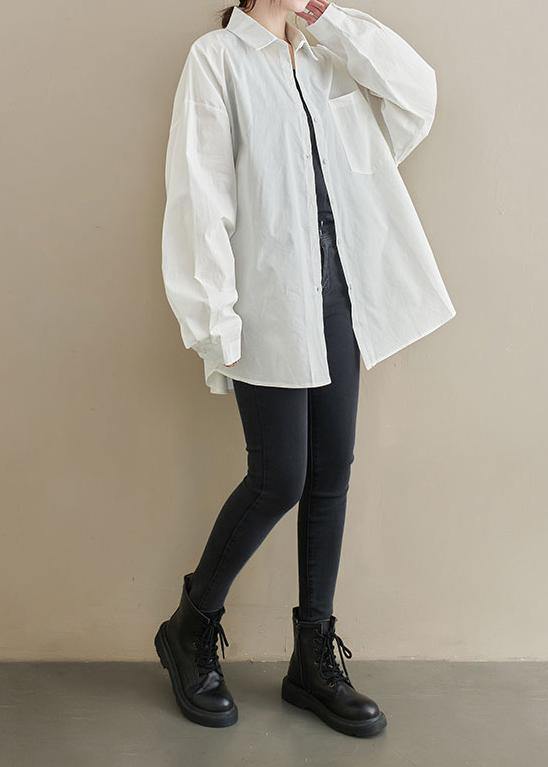 Modern White Tunic Lapel Pockets Midi Spring Tops