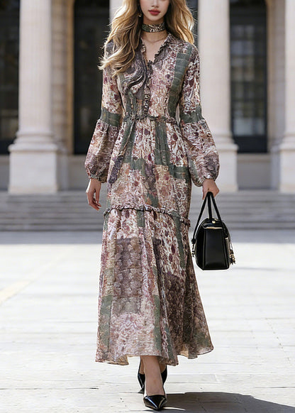 Green Ruffled Patchwork Chiffon Vacation Maxi Dresses Spring