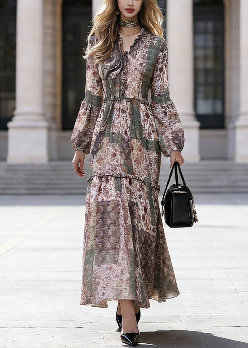 Green Ruffled Patchwork Chiffon Vacation Maxi Dresses Spring