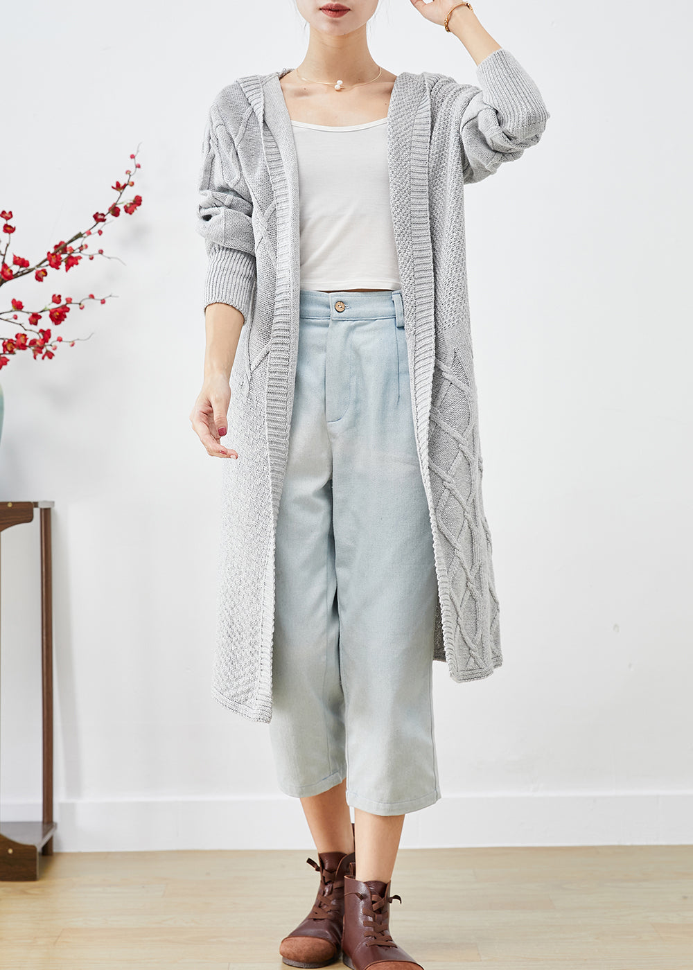 Grey Hooded Oversized Knit Cardigans Spring