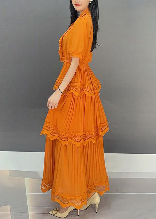 Orange Button Wrinkled Long Dress Summer