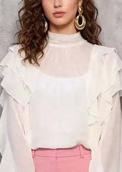 French White Stand Collar Ruffles Chiffon Blouses Spring
