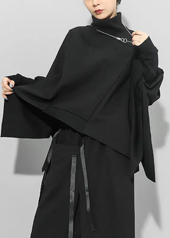 Black Turtleneck Asymmetrical Sweatshirts Long Sleeve
