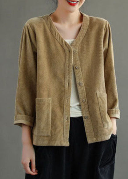 Khaki Button V Neck Corduroy Coats Spring