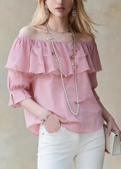 Red Slash Neck Ruffled Patchwork Top Half Sleeve