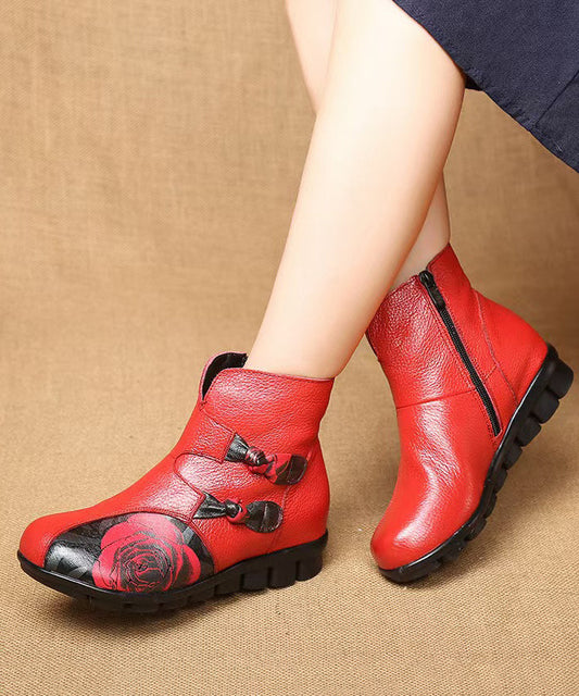 Splicing Ankle Boots Red Print Cowhide Leather