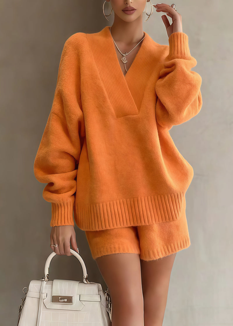 Orange Oversized Warm Knit Sweaters and Shorts Two Piece Set Spring