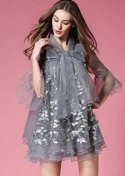 Grey Bow Embroideried Hollow Out Organza Dress Summer