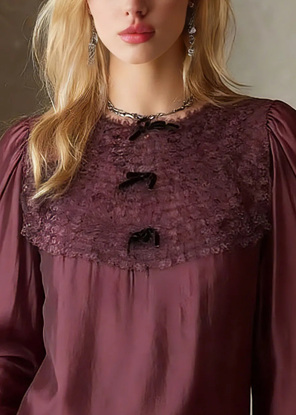 French Red O-neck Patchwork Tops Lantern Sleeve