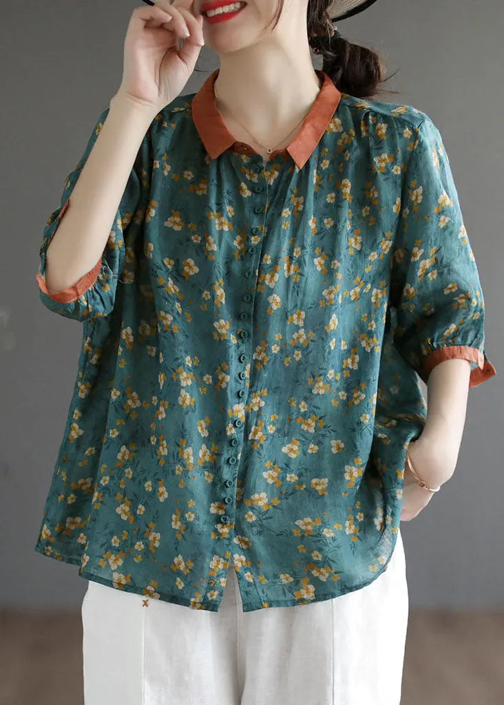 Blackish Green Print Linen Shirts Oversized Button Half Sleeve