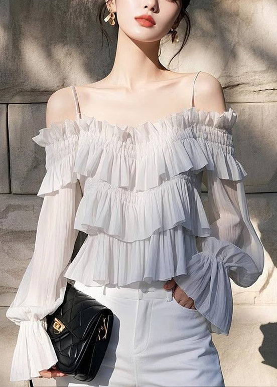 Light Grey Ruffled Chiffon Spaghetti Strap Blouse Flare Sleeve
