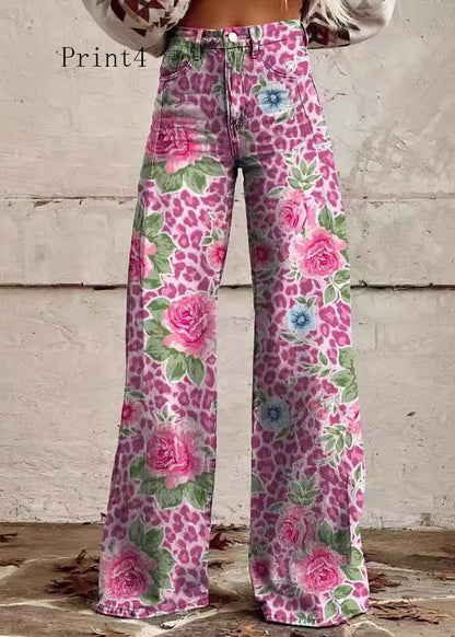 Print Pockets Loose Denim Wide Leg Pants High Waist Spring