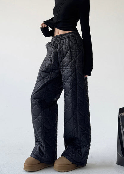 Diy Black Elastic Waist Plaid Fine Cotton Filled Pants Spring