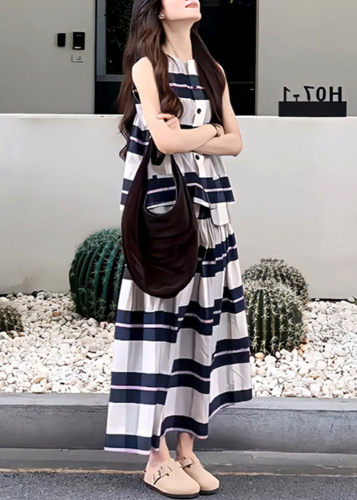 Art Striped O Neck Tops and Skirts Cotton Two Pieces Set Sleeveless