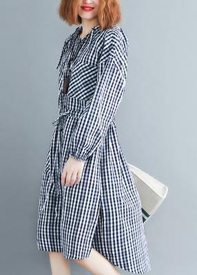 100% Black Plaid Clothes Hooded Drawstring Spring Dresses