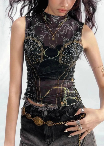 Slim Fit Black Turtleneck Print Tulle Tank Sleeveless