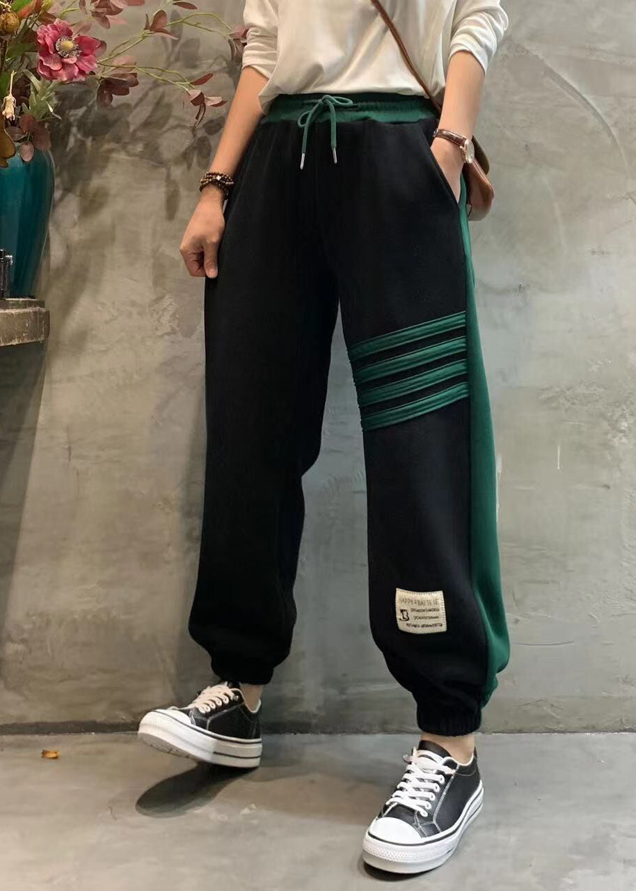 Boutique Black Elastic Waist Tie Waist Pockets Patchwork Beam Pants Spring