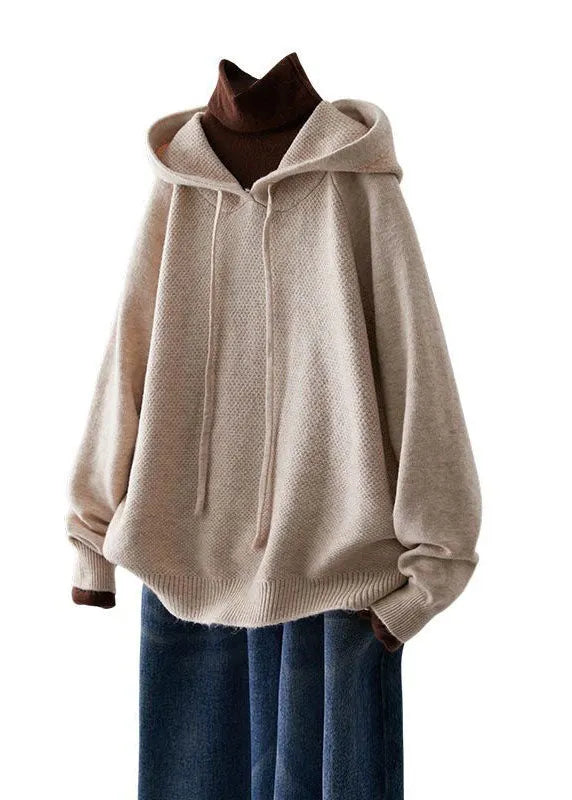 Beige Hooded Drawstring Knit Sweatshirts Top Spring