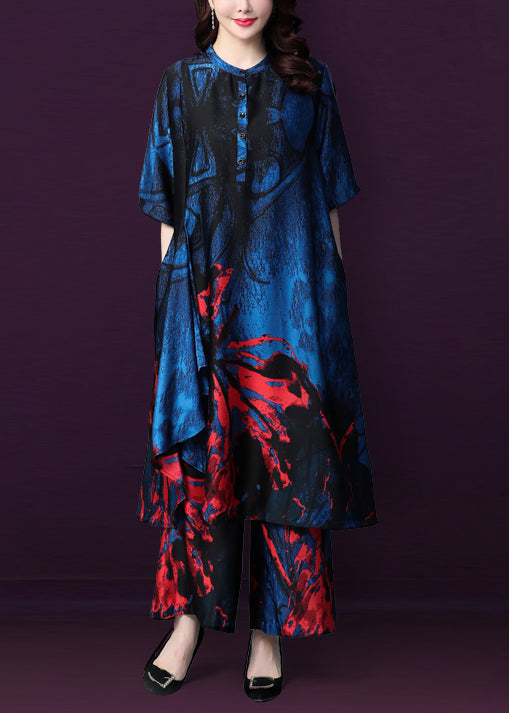 Blue Print Silk Dress and Wide Leg Pants Two Piece Set Outfits Stand Collar Button Summer