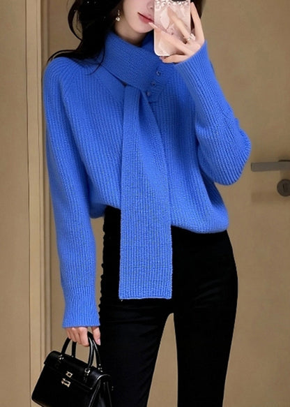 Stylish Blue V Neck With Scarf Knit Sweater Spring