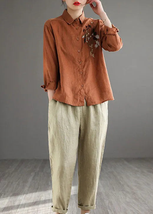 Caramel Peter Pan Collar Button Linen Shirt Long Sleeve