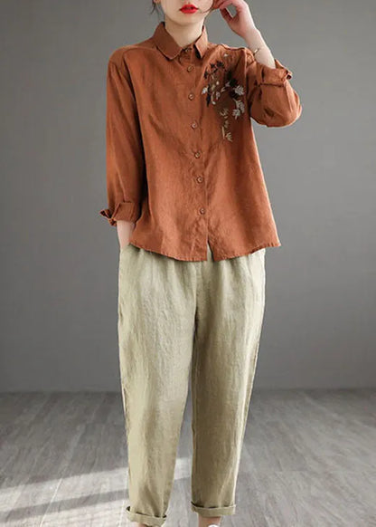 Caramel Peter Pan Collar Button Linen Shirt Long Sleeve