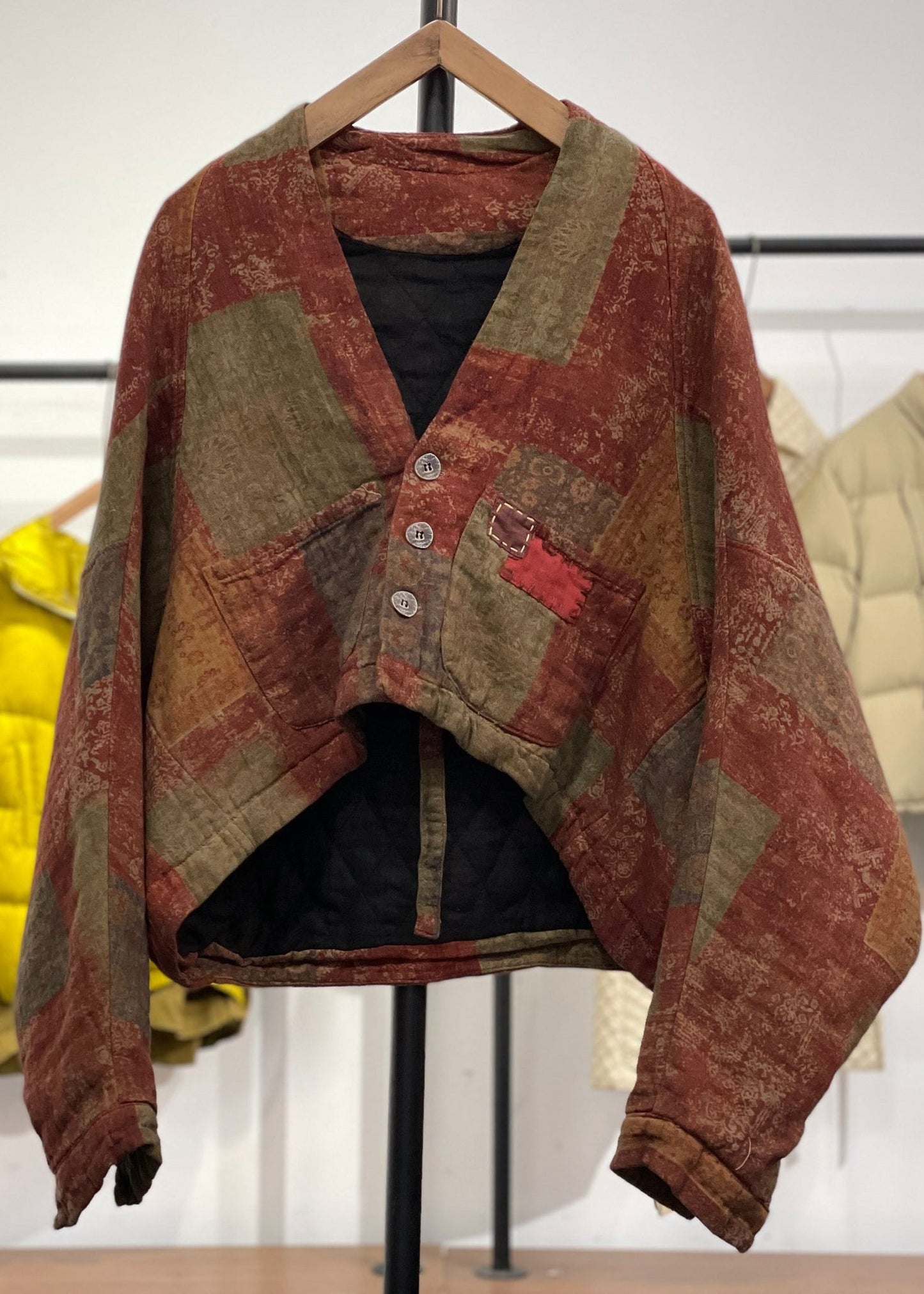 Orange Asymmetrical Pockets Print Cotton Filled Witner Coats