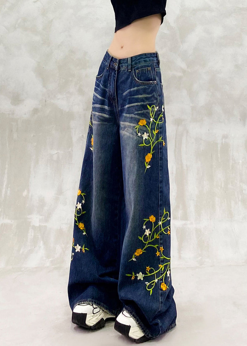 Blue Embroidered Pockets Patchwork Denim Pants Fall