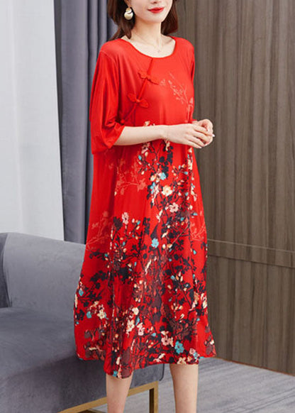 Red O Neck Print Chinese Button Patchwork Chiffon Dress Summer