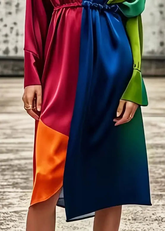 Diy Colorblock V Neck Patchwork Tie Dye Silk Dress Spring