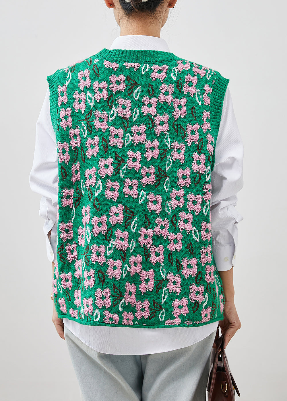 Green Jacquard Chunky Knit Vests Winter
