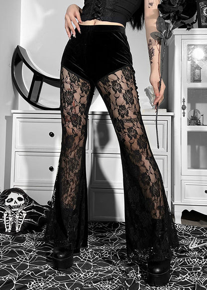 Black High Waist Lace Patchwork Silk Velvet Flared Trousers Spring