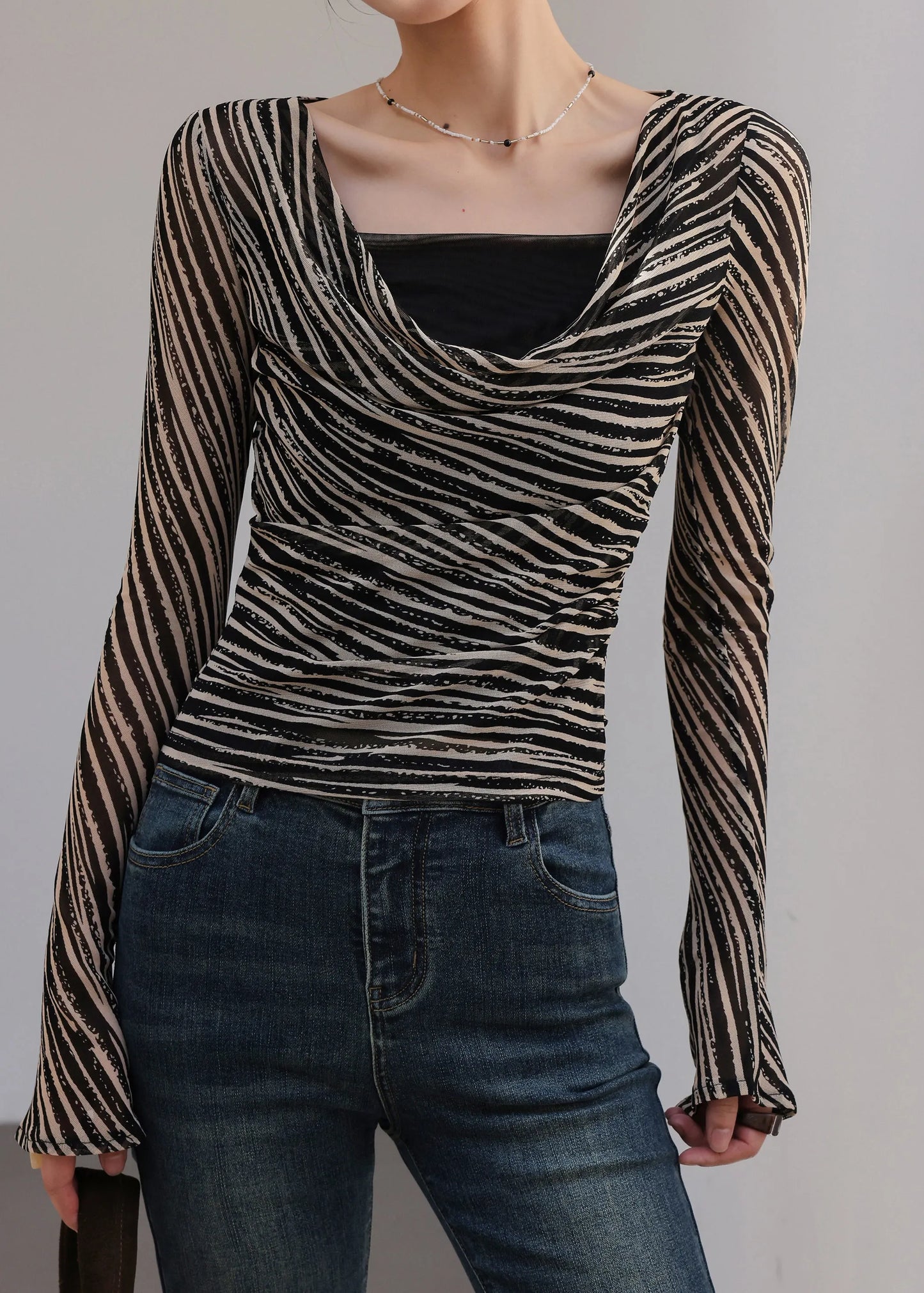 Black Khaki Striped Draped Neckline Top Spring
