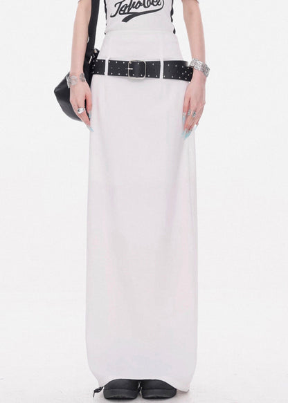 New White Sashes Back Side Open Cotton Skirt Summer