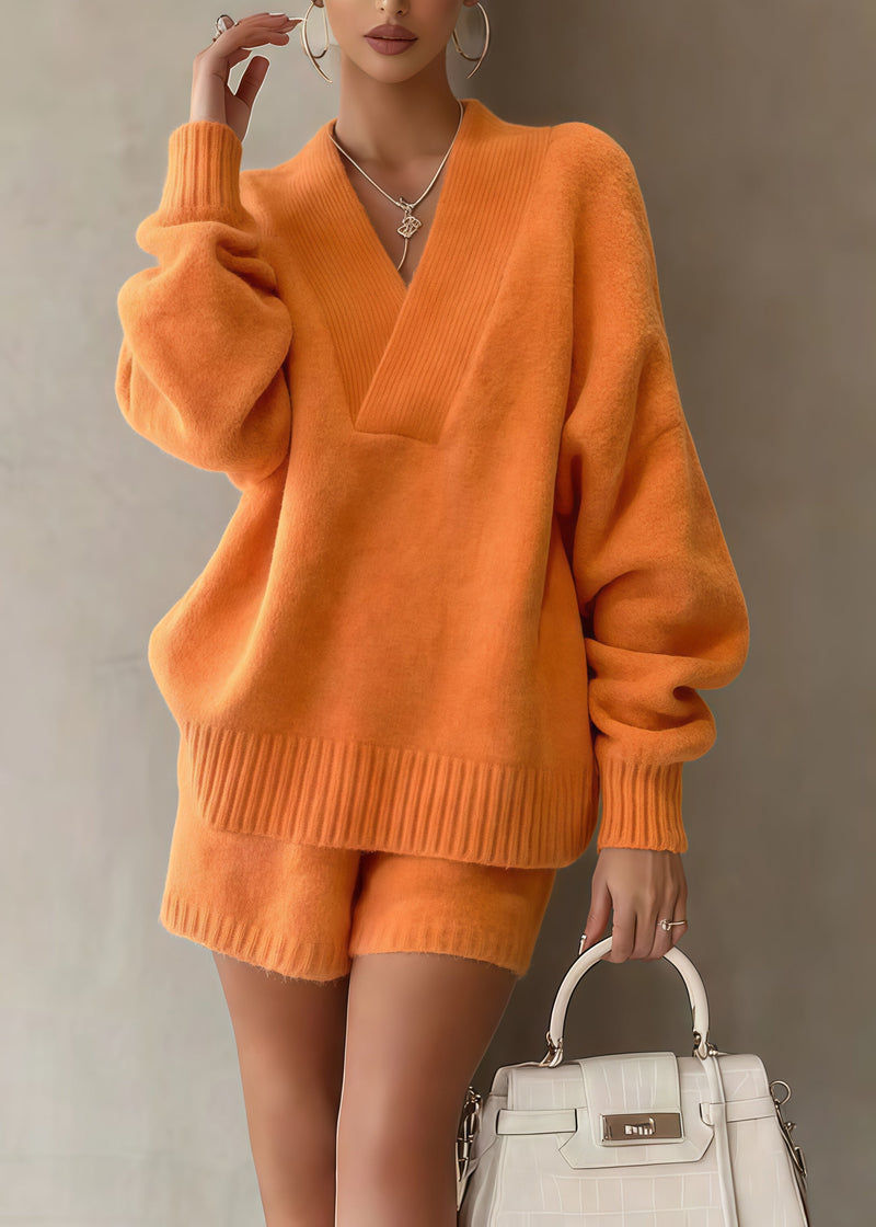 Orange Oversized Warm Knit Sweaters and Shorts Two Piece Set Spring