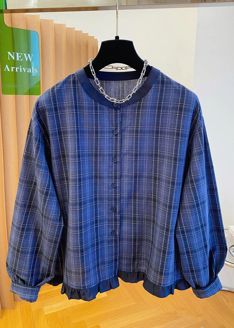 Blue O Neck Plaid Ruffled Cotton Shirt Top Fall